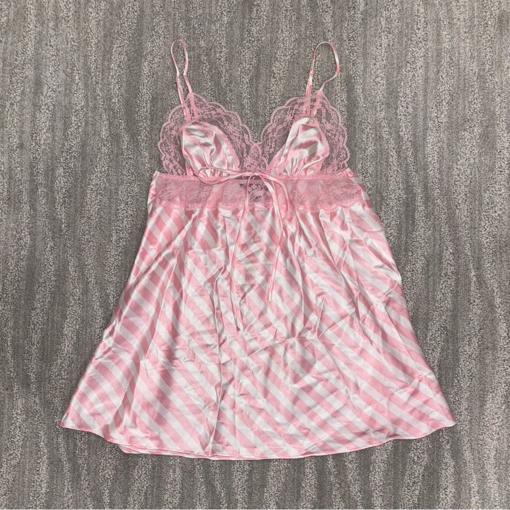 Victoria’s Secret Satin Striped Babydoll Slip Dress Lace Rhinestone Women’s Sz L